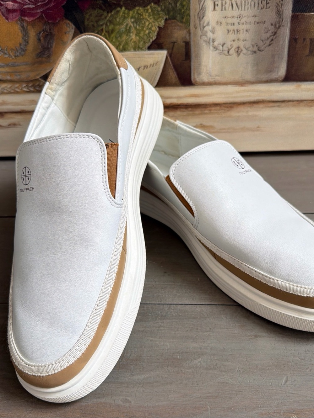 Tod's White Leather Slip-On Loafers with Tan Trim